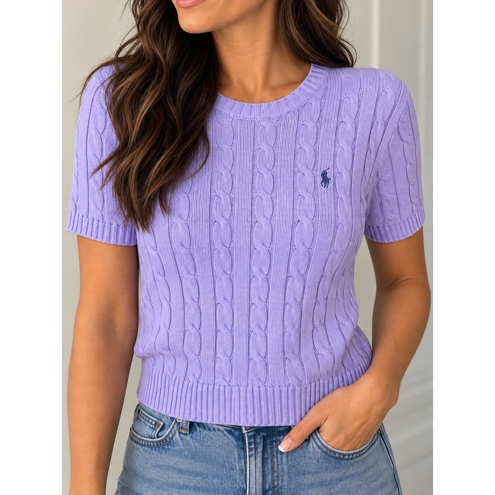 Polo Ralph Lauren Cable Knit Sweater M Lavender 100% Cotton Preppy Quiet Luxury